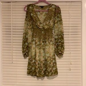 Olive floral deep v peasant dress open long sleeve